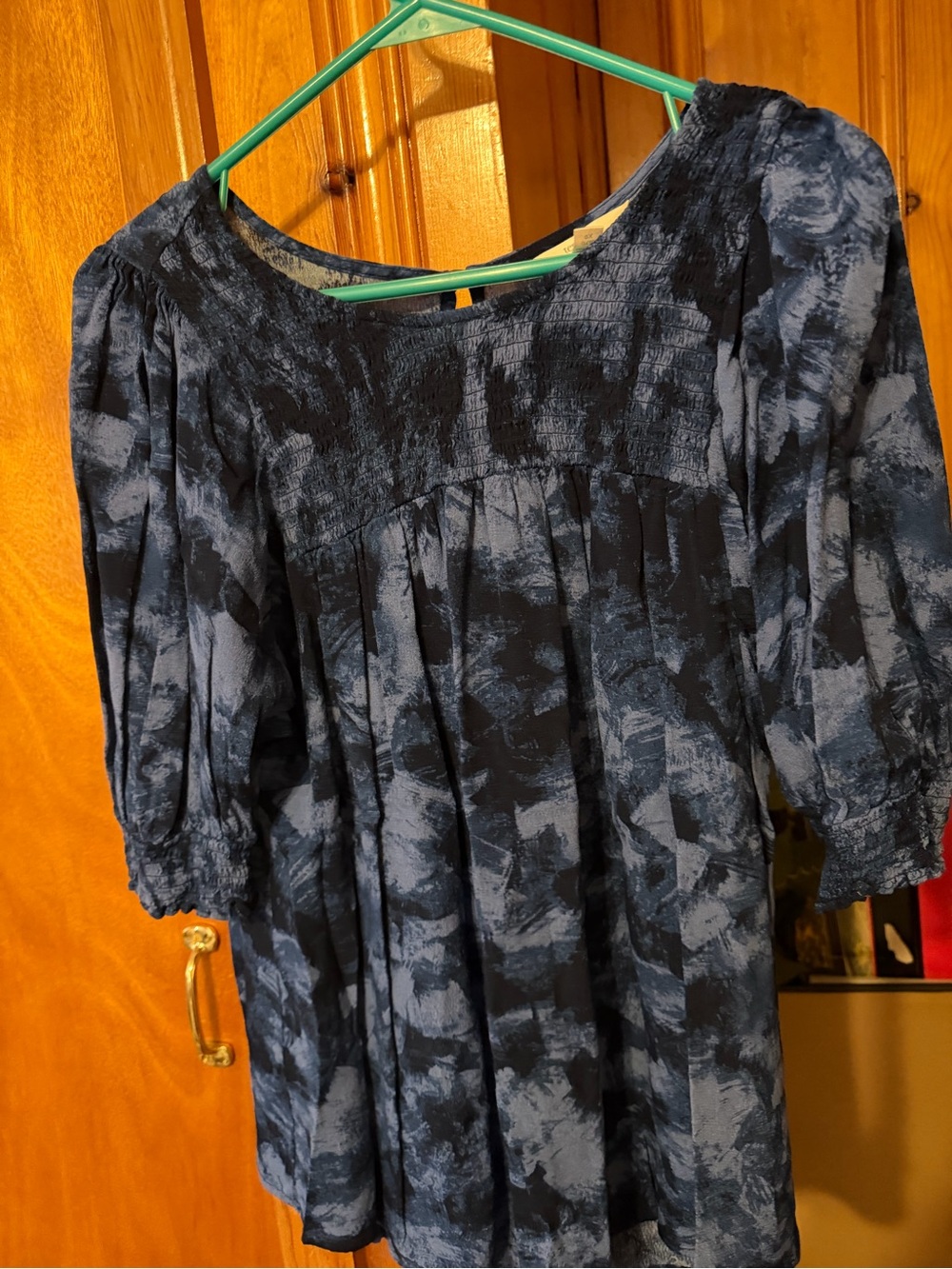 Terra & Sky Navy Smocked Yoke Peasant Top